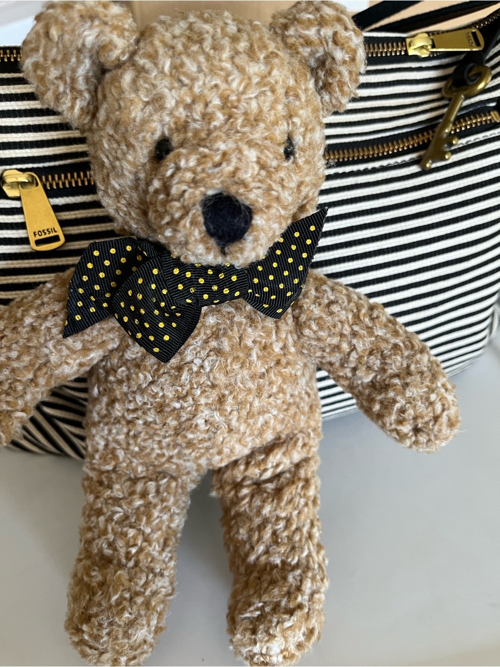 “Barley Bear” Stuffed Toy - Tan with Black Polka Dot Bow - Picture 7 of 12